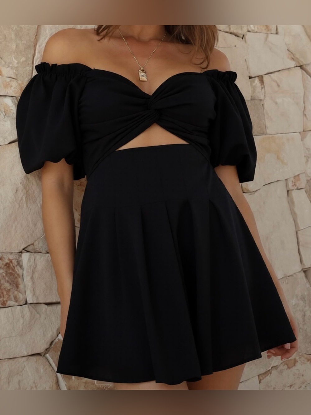 Billy J. Off-Shoulder Black Twist Front Mini Dress